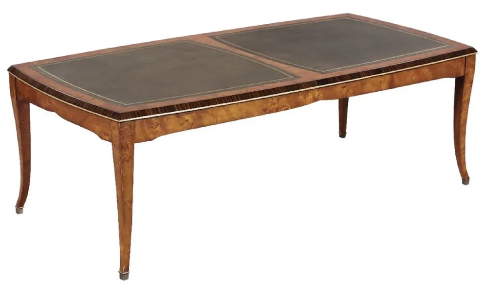 Neue Ware Casa Padrino Luxus Jugendstil Couchtisch Hellbraun / Braun 150 x 75 x H. 47 cm - Eleganter Massivholz Wohnzimmertisch mit hochwertigem Echtleder - Barock & Jugendstil Wohnzimmer Möbel