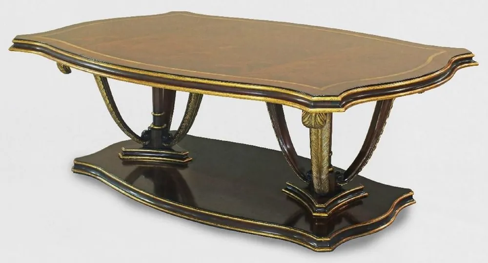 Wochenendangebot Casa Padrino Luxus Barock Couchtisch Braun / Gold 130 x 90 x H. 44 cm - Mahagoni Wohnzimmertisch mit dekorativen handgeschnitzten Federn - Edle Barockstil Wohnzimmer Möbel