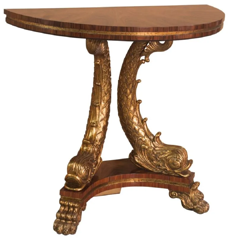 Schnäppchen Casa Padrino Luxus Barock Konsole Braun / Gold 92 x 47 x H. 83 cm - Halbrunder Massivholz Konsolentisch mit dekorativen handgeschnitzten Koi Fischen und Löwenfüßen - Edel & Prunkvoll