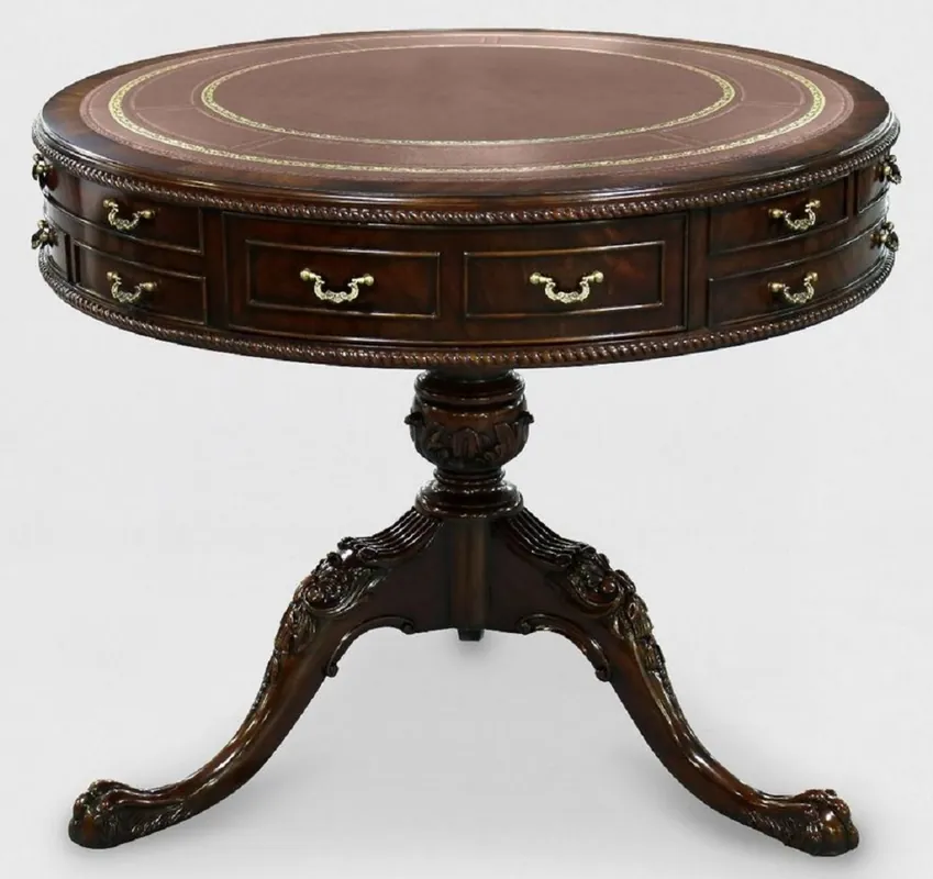 Casa Padrino Luxus Barock Beistelltisch Braun / Gold Ø 91 x H. 76 cm - Runder Mahagoni Tisch mit 14 Schubladen und Echtleder - Barock Mahagoni Möbel Jetzt Kaufen