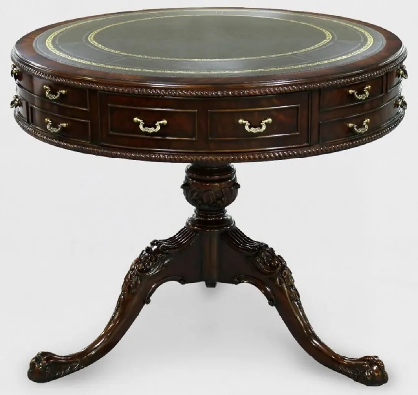 Neue Kollektion Casa Padrino Luxus Barock Beistelltisch Braun / Grün / Gold Ø 91 x H. 76 cm - Runder Mahagoni Tisch mit 14 Schubladen und Echtleder - Barock Mahagoni Möbel