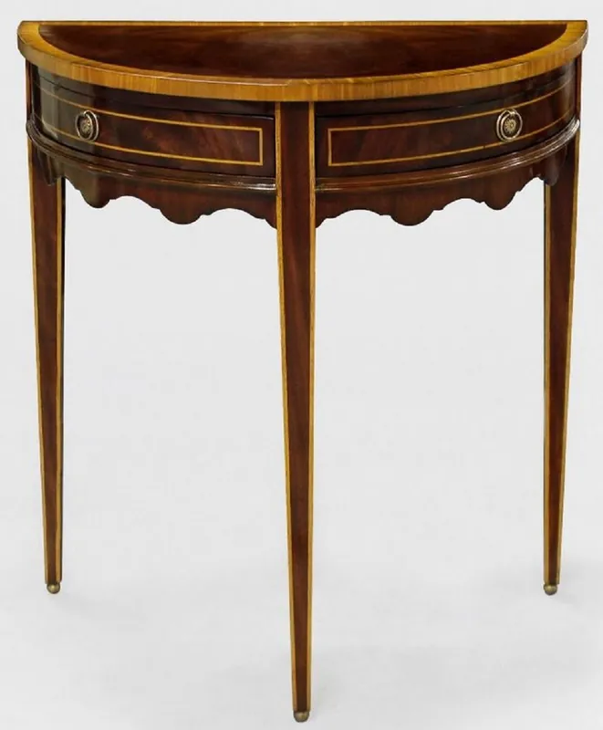 Casa Padrino Luxus Barock Beistelltisch Dunkelbraun / Hellbraun 71 x 36 x H. 74 cm - Halbrunder Mahagoni Tisch mit 2 Schubladen - Nachttisch - Nachtkommode - Barock Möbel Neu