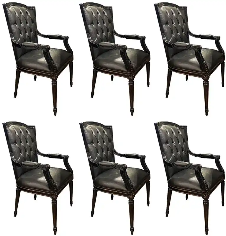 Sonderaktion Casa Padrino Luxus Barock Esszimmerstuhl Set Schwarz - 6 Echtleder Küchen Stühle mit Armlehnen - Barock Esszimmer Möbel - Edel & Prunkvoll