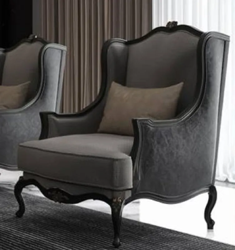 Casa Padrino Luxus Barock Ohrensessel Grau / Dunkelgrau / Schwarz 78 x 80 x H. 108 cm - Edler Wohnzimmer Sessel im Barockstil - Barock Wohnzimmer Möbel Sonderangebot