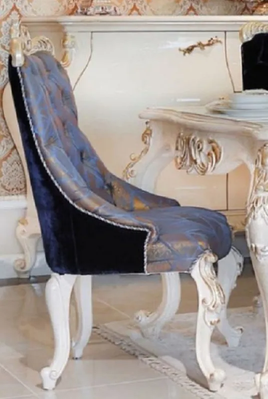 Casa Padrino Luxus Barock Esszimmerstuhl Blau / Dunkelblau / Bronze / Gold - Handgefertigter Massivholz Küchenstuhl - Esszimmer Möbel im Barockstil Mega-Angebot