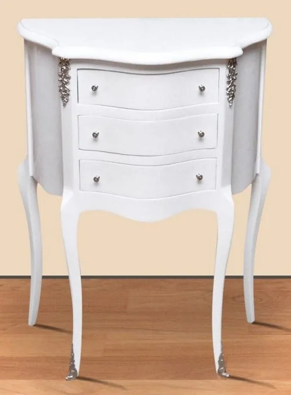 Casa Padrino Barock Nachtkommode Weiß / Silber - Massivholz Nachttisch - Beistelltisch mit 3 Schubladen - Handgefertigte Barock Möbel Sale