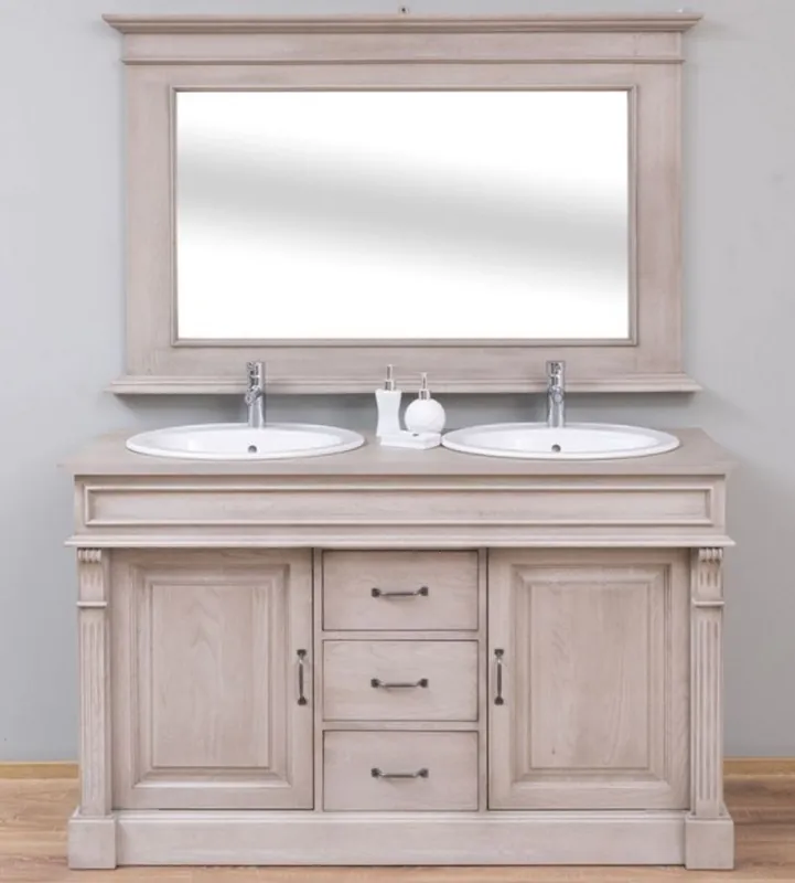 Casa Padrino Landhausstil Badezimmer Set Grau - 1 Doppelwaschtisch & 2 Waschbecken & 2 Wasserhähne & 1 Wandspiegel - Massivholz Badezimmermöbel im Landhausstil Billig