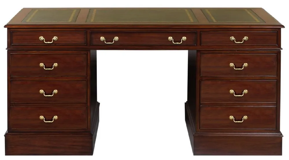 Schneller Versand Casa Padrino Luxus Mahagoni Schreibtisch Dunkelbraun / Grün / Gold 140 x 70 x H. 78 cm - Bürotisch im englischen Stil - Luxus Büro Möbel
