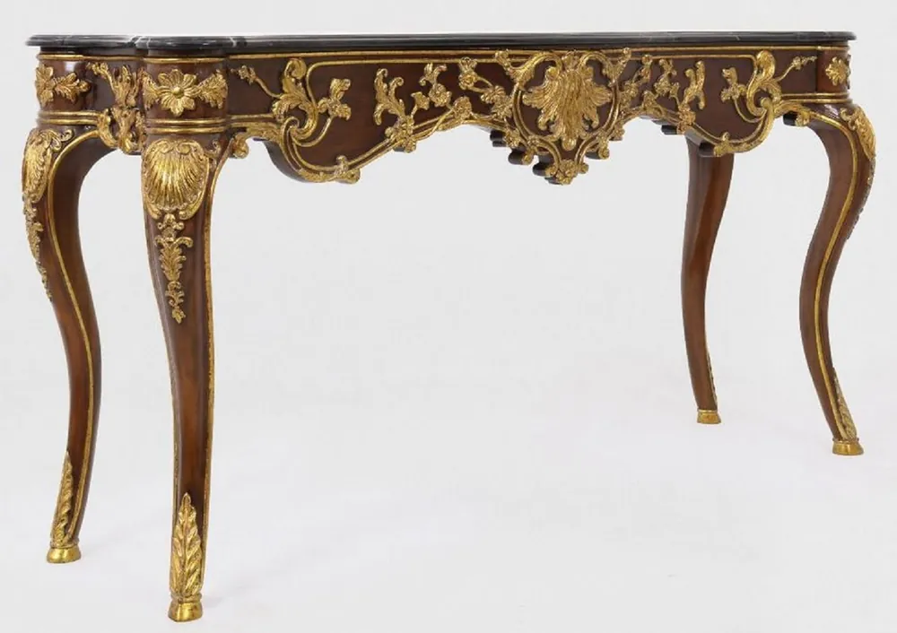 Casa Padrino Luxus Barock Konsole Dunkelbraun / Gold / Schwarz 155 x 45 x H. 80 cm - Mahagoni Konsolentisch mit edlen Verzierungen und Marmorplatte - Möbel im Barockstil Billig
