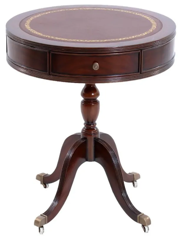 Expressversand Casa Padrino Luxus Barock Beistelltisch Dunkelbraun / Messingfarben / Braun / Gold Ø 51 x H. 59 cm - Runder Mahagoni Tisch mit Schubladen und edlem Echtleder - Barock Mahagoni Möbel