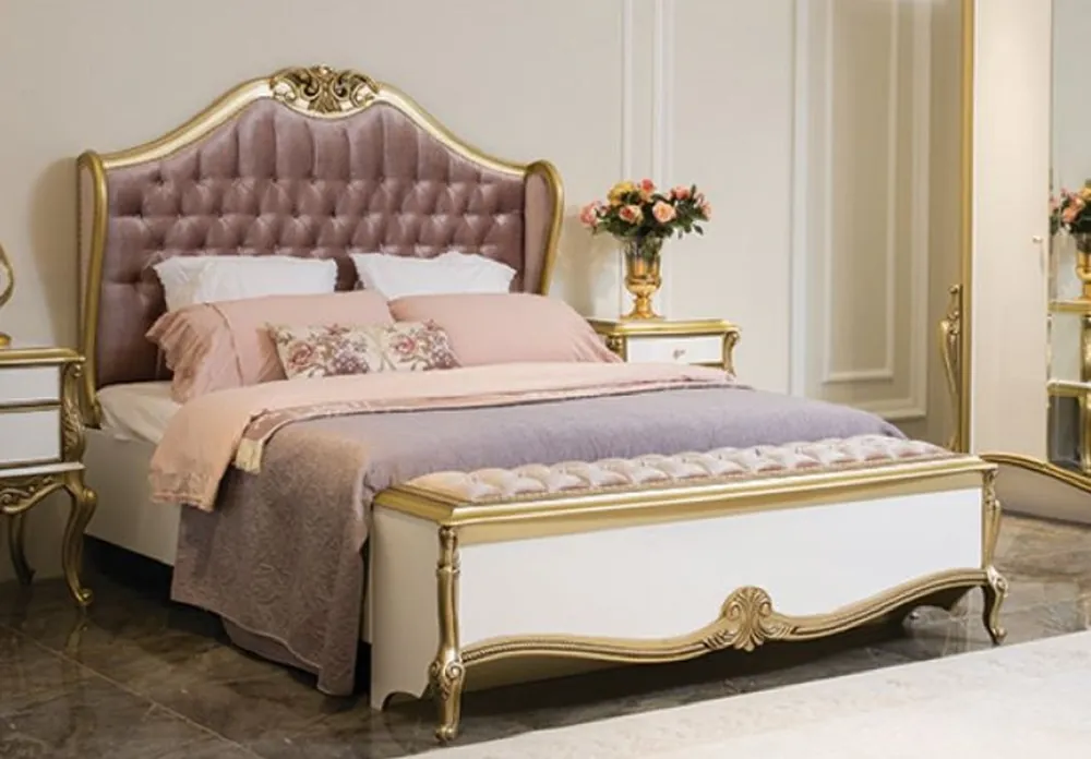 Casa Padrino Luxus Barock Doppelbett Lila / Rosa / Weiß / Gold 170 x 207 x H. 168 cm - Edles Massivholz Bett mit Kopfteil - Prunkvolle Schlafzimmer Möbel im Barockstil Direktkauf