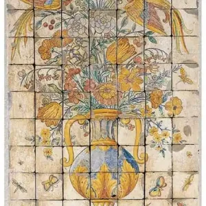 Casa Padrino Luxus Barock Deko Wandgemälde Vase mit Blumen und Vögel Mehrfarbig 70 x H. 130 cm - Handgefertigte & Handbemalte Naturstein Mosaik Fliesen - Barock Wanddeko Aktuell