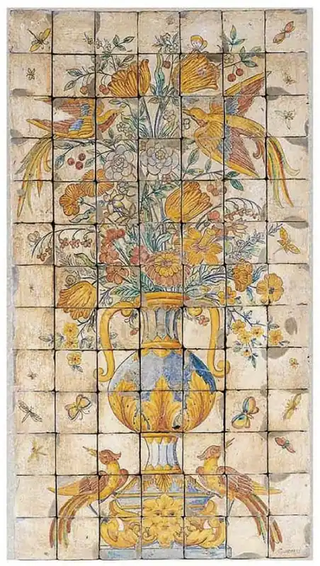 Casa Padrino Luxus Barock Deko Wandgemälde Vase mit Blumen und Vögel Mehrfarbig 70 x H. 130 cm - Handgefertigte & Handbemalte Naturstein Mosaik Fliesen - Barock Wanddeko Aktuell