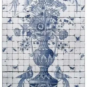 Casa Padrino Luxus Barock Deko Wandgemälde Vase mit Blumen und Vögel Weiß / Grau / Blau 155 x H. 280 cm - Handgefertigte & Handbemalte Naturstein Mosaik Fliesen - Barock Wanddeko Preisknaller