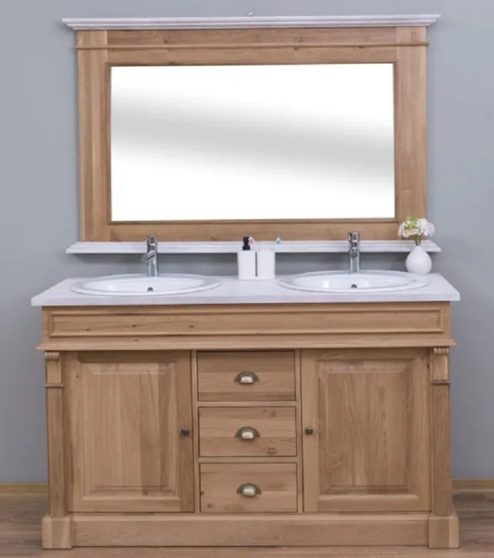 Casa Padrino Landhausstil Badezimmer Set Braun / Weiß - 1 Doppelwaschtisch & 2 Waschbecken & 2 Wasserhähne & 1 Wandspiegel - Massivholz Badezimmermöbel im Landhausstil Expressversand