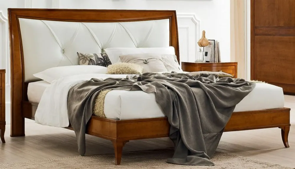 Casa Padrino Luxus Biedermeier Doppelbett Braun / Weiß 188 x 219 x H. 128 cm - Massivholz Bett mit Echtleder Kopfteil - Schlafzimmer Möbel - Luxus Qualität Garantierte Lieferung