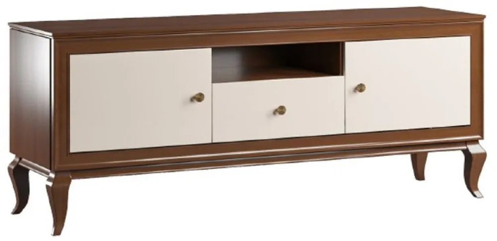 Schnäppchen Casa Padrino Luxus Art Deco TV Schrank Dunkelbraun / Cremefarben 156 x 43,5 x H. 67 cm - Massivholz Schrank mit 2 Türen und Schublade - Art Deco Wohnzimmer Möbel