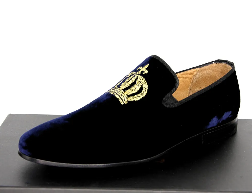 Top-Seller Pompöös by Casa Padrino Luxus Samt Slipper Krone Nachtblau / Gold - Verschiedene Schuhgrößen - designed by Harald Glööckler