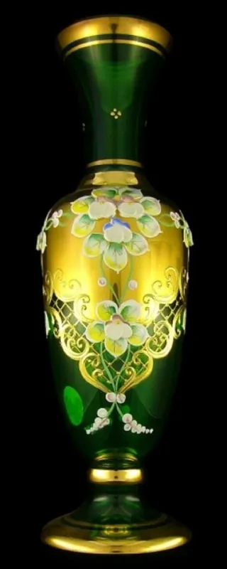 Expressversand Casa Padrino Luxus Barock Deko Glas Vase Grün / Mehrfarbig / Gold H. 40 cm - Handgefertigte & handbemalte Blumenvase - Hotel & Restaurant Accessoires - Luxus Qualität