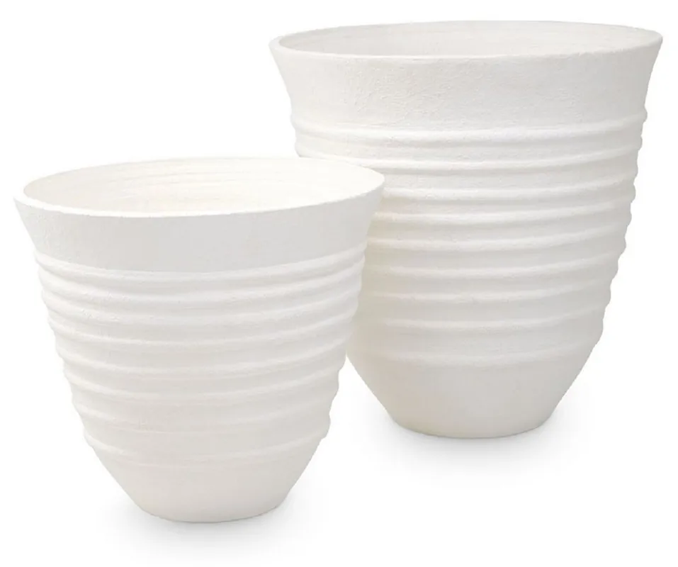 Casa Padrino Luxus Tonvasen Set Weiß - 2 Handgefertigte Runde Deko Vasen - Wohnzimmer Deko - Garten Deko - Deko Accessoires Saisonangebot