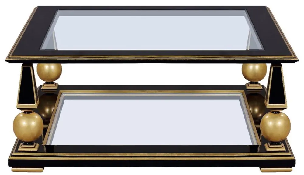 Casa Padrino Luxus Art Deco Couchtisch Schwarz / Gold 113 x 113 x H. 47 cm - Prunkvoller Massivholz Wohnzimmertisch mit Glasplatten - Art Deco Wohnzimmer Möbel Sonderangebot
