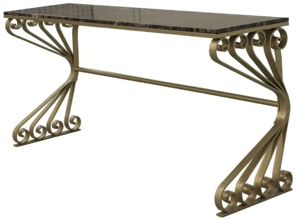 Casa Padrino Luxus Jugendstil Konsole Messingfarben / Grau 200 x 60 x H. 84 cm - Edler Konsolentisch mit Marmorplatte und handgefertigtem Schmiedeeisen Gestell - Wohnzimmer Garten Terrassen Möbel Kracherpreis