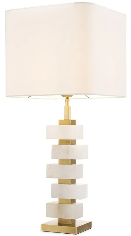 Casa Padrino Luxus Tischleuchte Antik Messing / Alabaster / Weiß 35 x 35 x H. 79,5 cm - Moderne Metall Schreibtischleuchte mit dekorativem Alabaster - Luxus Qualität Preis Gesenkt