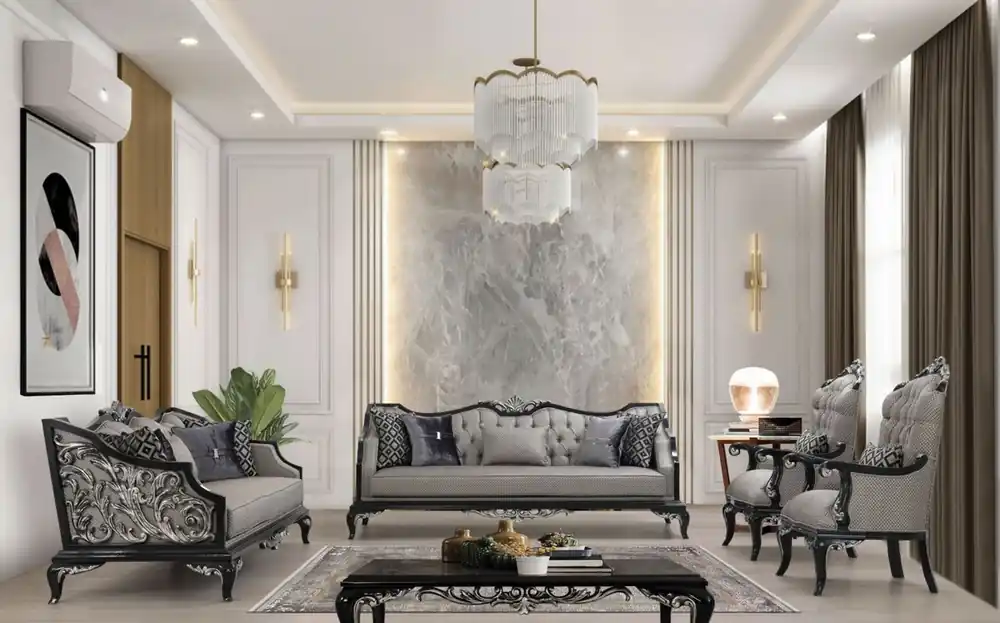 Casa Padrino Luxus Barock Wohnzimmer Set Silber / Schwarz - 2 Sofas & 2 Sessel & 1 Couchtisch - Handgefertigte Barock Wohnzimmer Möbel - Edel & Prunkvoll Echt