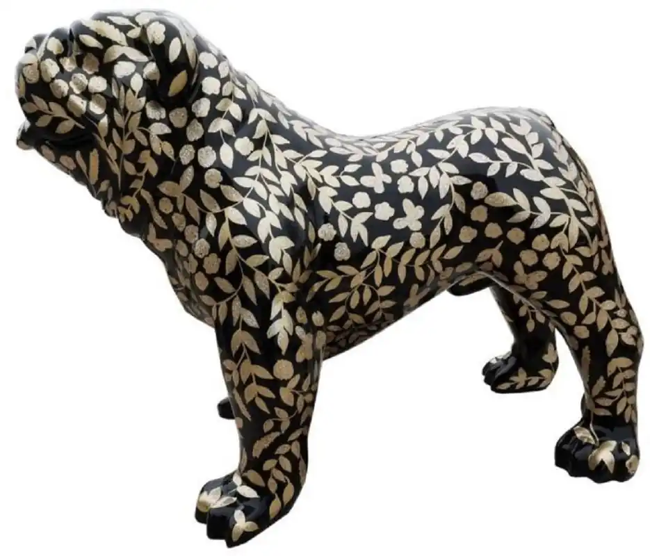 Casa Padrino Designer Dekofigur Hund Bulldogge mit Glitzer Look Schwarz / Gold 90 x H. 74 cm - Wetterbeständige Deko Skulptur - Wohnzimmer Deko - Garten Deko - Designer Deko Tierfigur Billig