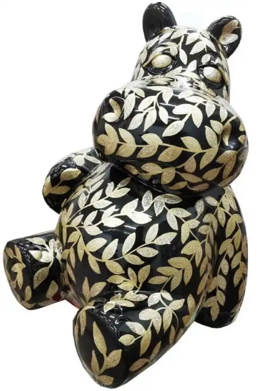 Finale Aktion Casa Padrino Designer Deko Skulptur Sitzendes Nilpferd mit Glitzer Look Schwarz / Gold H. 100 cm - Wetterbeständige Dekofigur - Wohnzimmer Deko - Garten Deko - Terrassen Deko