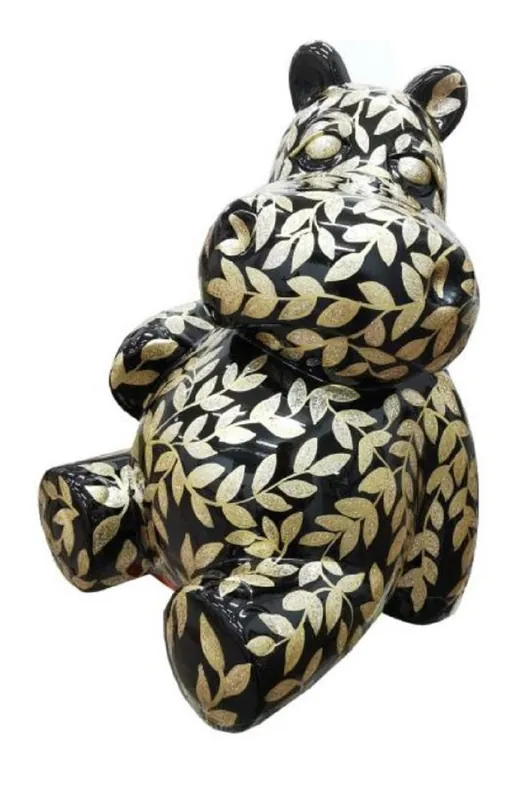 Casa Padrino Designer Deko Skulptur Sitzendes Nilpferd mit Glitzer Look Schwarz / Gold H. 48 cm - Wetterbeständige Dekofigur - Wohnzimmer Deko - Garten Deko - Terrassen Deko Markenware