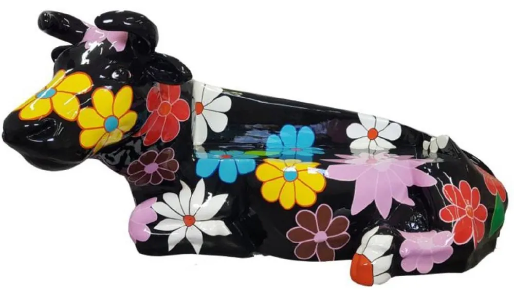 Casa Padrino Designer Sitzbank Kuh mit Blumen Design Schwarz / Mehrfarbig 200 x H. 98 cm - Wetterbeständige Kuh Skulptur Gartenbank - Garten & Terrassen Deko Accessoires Jetzt Kaufen