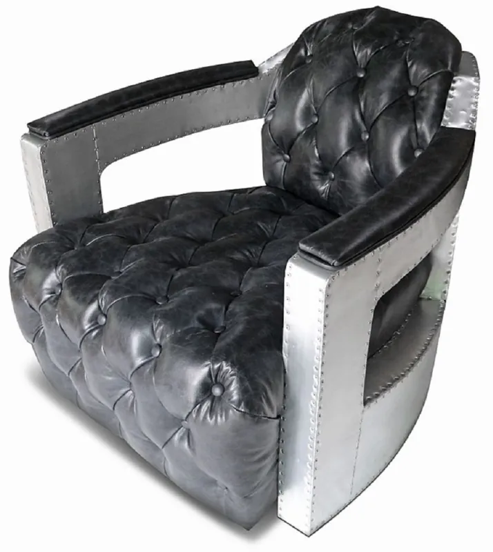 Casa Padrino Chesterfield Echtleder Sessel Vintage Schwarz / Silber 73 x 90 x H. 70 cm - Wohnzimmer Leder Sessel - Club Sessel - Lounge Sessel - Art Deco Sessel - Aluminium Flugzeug Flieger Möbel Top-Seller