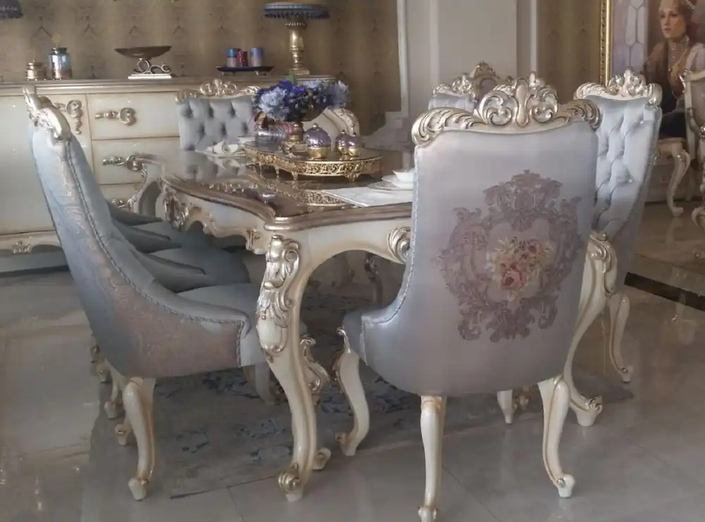 Finale Aktion Casa Padrino Luxus Barock Esstisch Silber / Creme / Gold - Handgefertigter Massivholz Esszimmertisch - Möbel im Barockstil - Edel & Prunkvoll