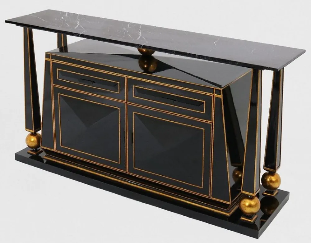 Nur Heute Casa Padrino Luxus Art Deco Sideboard Schwarz / Antik Gold - Prunkvoller handgefertigter Massivholz Schrank mit Marmorplatte - Art Deco Möbel