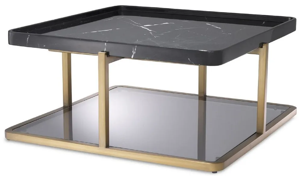 Casa Padrino Luxus Couchtisch Messingfarben / Schwarz / Grau 58 x 58 x H. 27,5 cm - Moderner Edelstahl Wohnzimmertisch mit Marmorplatte und getönter Glasplatte - Luxus Möbel Must-Have