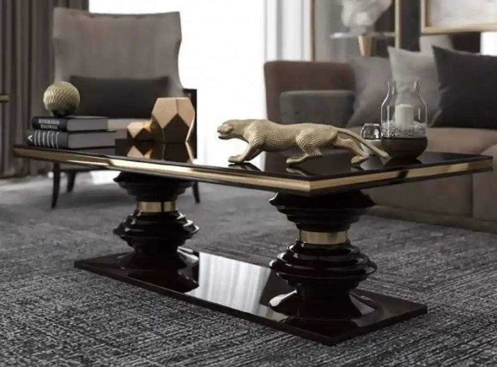 Garantierte Lieferung Casa Padrino Luxus Art Deco Couchtisch Dunkelbraun Hochglanz / Gold - Handgefertigter Wohnzimmertisch - Massivholz Tisch - Luxus Qualität - Art Deco Möbel