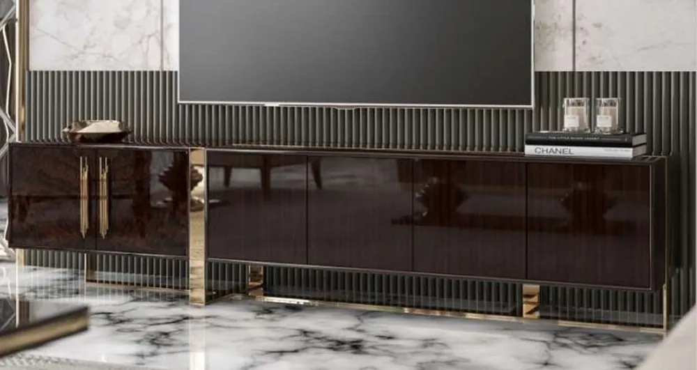 Casa Padrino Luxus Art Deco TV Schrank Dunkelbraun Hochglanz / Gold - Edler Wohnzimmer Fernsehschrank mit 6 Türen - Art Deco Möbel Schnäppchen