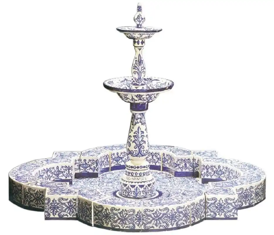 Casa Padrino Luxus Jugendstil Springbrunnen Weiß / Blau 200 x 200 x H. 155 cm - Handgefertigter & Handbemalter Keramik Gartenbrunnen - Barock & Jugendstil Garten Deko Accessoires Schneller Versand