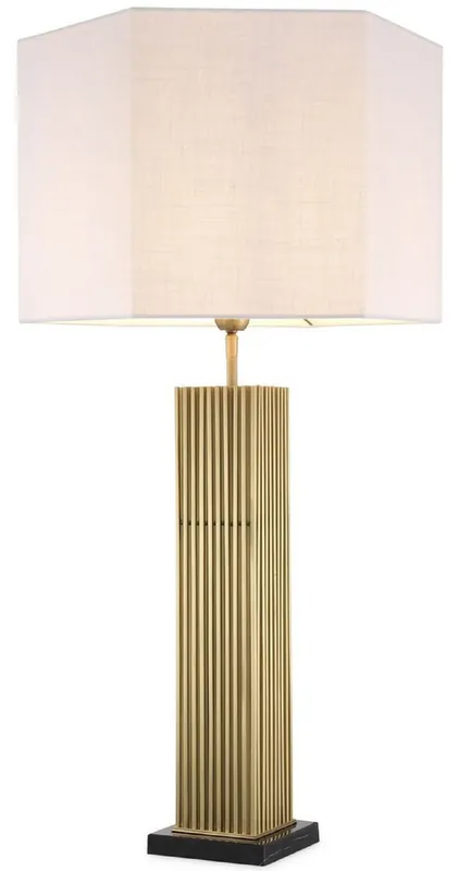 Casa Padrino Luxus Tischleuchte Antik Messingfarben / Schwarz / Weiß 46 x 46 x H. 87 cm - Moderne Schreibtischleuchte mit sechseckigem Lampenschirm - Luxus Qualität Expressversand