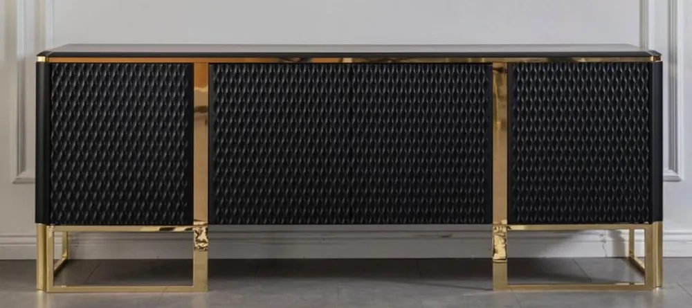 Top-Seller Casa Padrino Luxus Sideboard Schwarz / Gold 220 x 50 x H. 83 cm - Edler Massivholz Schrank mit 4 Türen - Luxus Möbel - Luxus Qualität