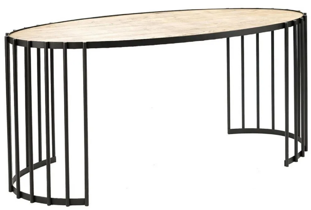Casa Padrino Luxus Schreibtisch Naturfarben / Schwarz 160 x 40 x H. 74 cm - Ovaler Bürotisch mit Massivholz Tischplatte und Metall Gestell - Luxus Büromöbel Günstig