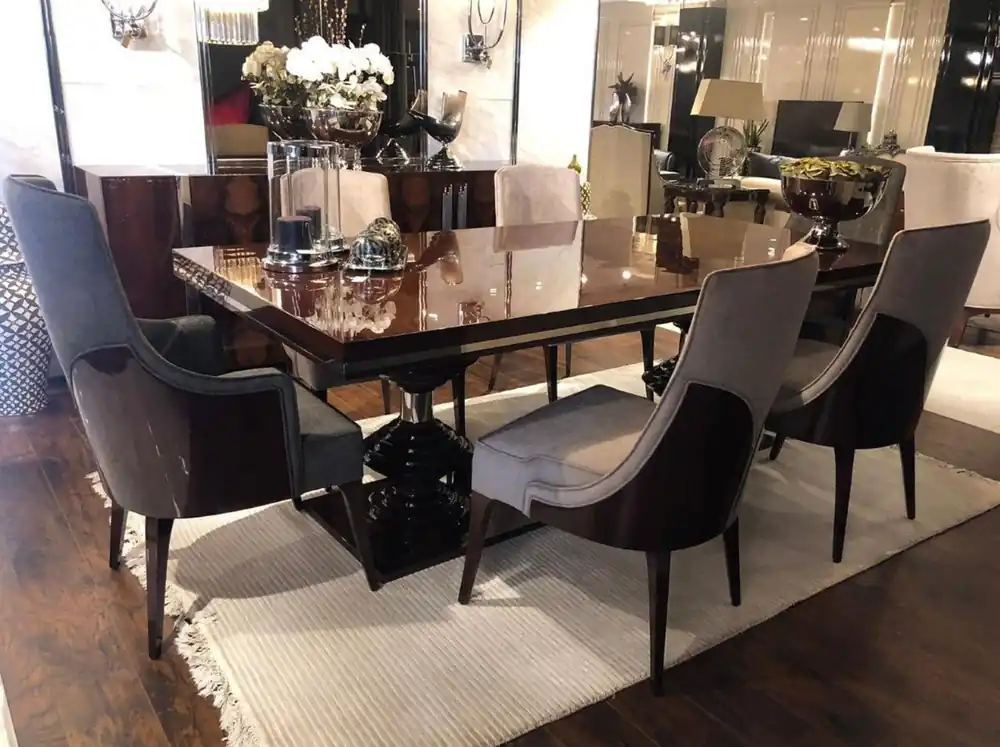 Casa Padrino Luxus Art Deco Esszimmer Stuhl Set Dunkelgrau / Dunkelbraun Hochglanz - Küchen Stühle 6er Set - Edle Art Deco Esszimmer Möbel Schneller Versand