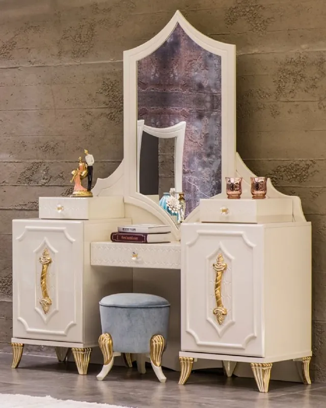 Casa Padrino Luxus Barock Schminktisch mit Spiegel Weiß / Gold - Barock Schmink Konsole - Schlafzimmer Möbel im Barockstil - Edel & Prunkvoll Preisreduziert