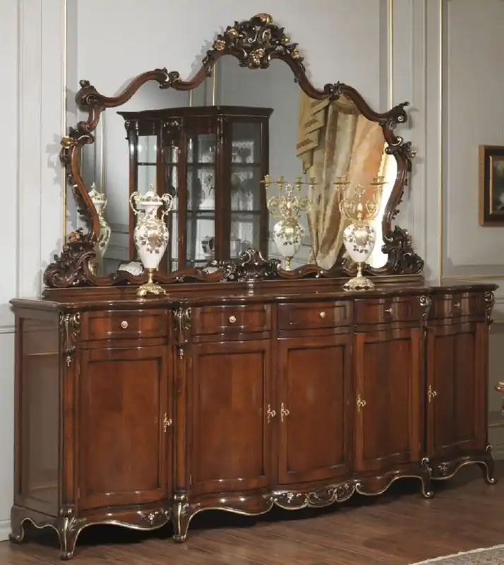 Casa Padrino Luxus Barock Möbel Set Sideboard mit Spiegel Dunkelbraun / Gold - Edler Massivholz Schrank mit Wandspiegel - Hotel Möbel - Schloss Möbel - Luxus Qualität - Made in Italy Solange Der Vorrat Reicht