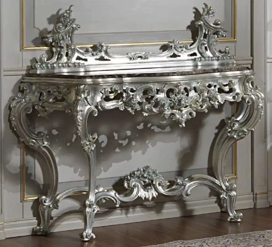 Casa Padrino Luxus Barock Konsole Silber / Schwarz - Prunkvoller handgeschnitzter Konsolentisch mit Marmorplatte - Hotel Möbel - Schloss Möbel - Luxus Qualität - Made in Italy Angebot