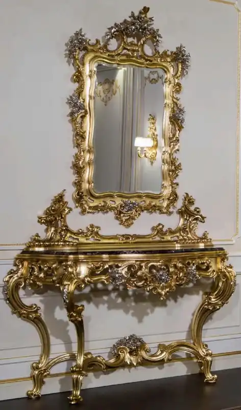 Must-Have Casa Padrino Luxus Barock Möbel Set Konsole mit Spiegel Gold / Silber / Schwarz - Prunkvoller handgeschnitzter Konsolentisch mit Wandspiegel - Hotel Möbel - Schloss Möbel - Luxus Qualität - Made in Italy