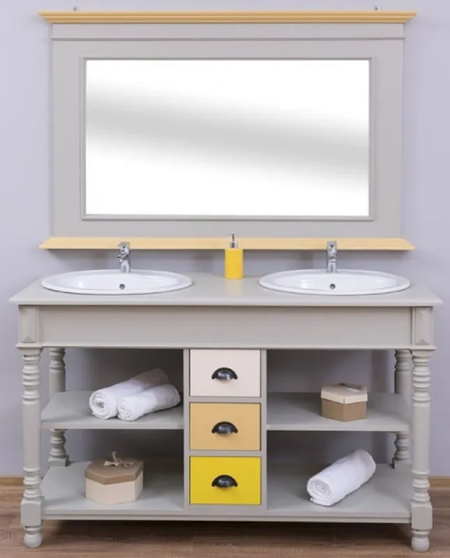 Casa Padrino Landhausstil Badezimmer Set Grau / Naturfarben / Mehrfarbig - 1 Doppelwaschtisch & 1 Wandspiegel - Massivholz Badezimmermöbel im Landhausstil Preiswert