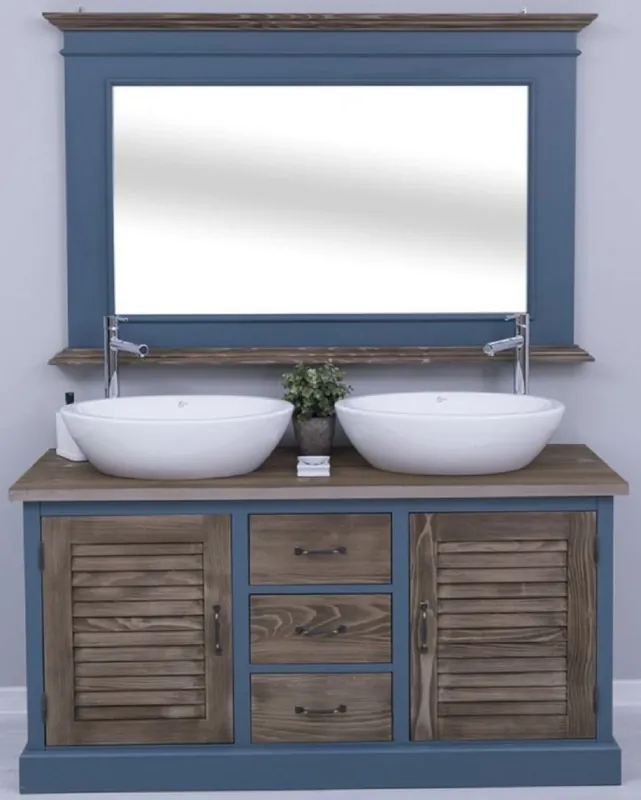 Casa Padrino Landhausstil Badezimmer Set Blau / Dunkelbraun - 1 Doppelwaschtisch & 2 Waschbecken & 2 Wasserhähne & 1 Wandspiegel - Massivholz Badezimmermöbel im Landhausstil Markenware