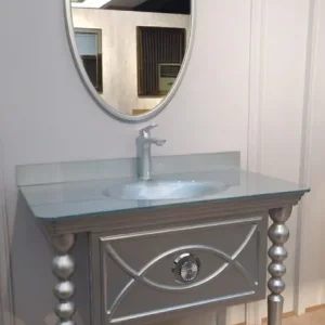 Abverkauf Casa Padrino Barock Badezimmer Set Silber - 1 Waschtisch mit Glas Waschbecken & 1 Wandspiegel - Badezimmer Möbel im Barockstil